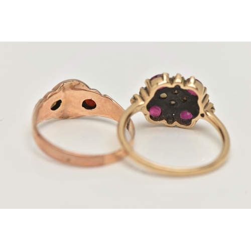 71 - TWO 9CT GOLD GEM SET RINGS, the first set with four oval shape treated rubies and split pearls, the ... 