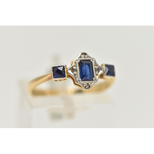 73 - A SAPPHIRE AND DIAMOND RING, designed as a central rectangular sapphire surrounded by four diamonds,... 