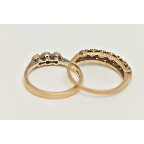 74 - TWO 9CT GOLD GEM SET RINGS, the first designed as a central circular cut sapphire flanked by brillia... 