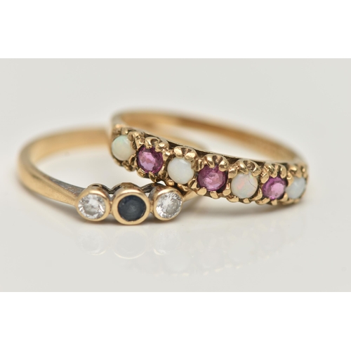 74 - TWO 9CT GOLD GEM SET RINGS, the first designed as a central circular cut sapphire flanked by brillia... 