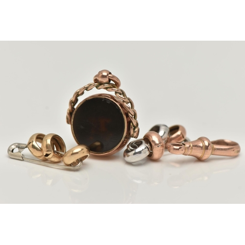 77 - AN EDWARDIAN SWIVEL FOB, LINKS AND CLASP, the circular swivel fob set with bloodstone and a further ... 