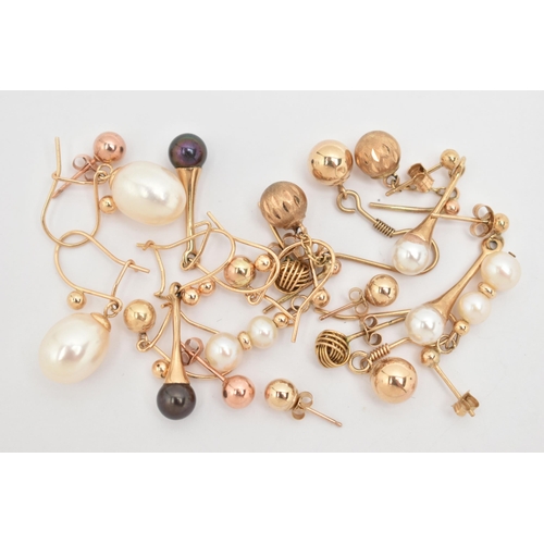 80 - AN ASSORTMENT OF EARRINGS, ten pairs of yellow metal earrings, four pairs set with imitation pearls,... 