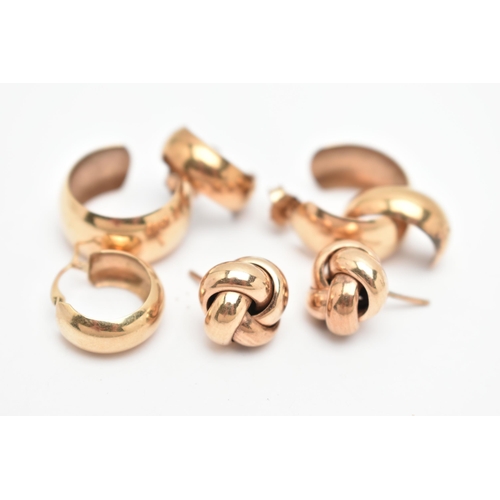 82 - AN ASSORTMENT OF EARRINGS, the first a pair of yellow gold knot stud earrings, hallmarked 9ct Sheffi... 