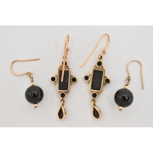 83 - TWO PAIRS OF EARRINGS, the first a pair of yellow gold and onyx drop earrings, fitted with fish hook... 