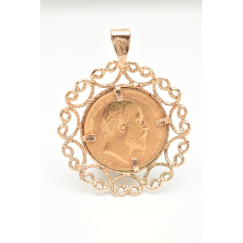 86 - A MOUNTED FULL SOVEREIGN COIN PENDANT, Edward VII sovereign dated 1903, textured collet setting with... 