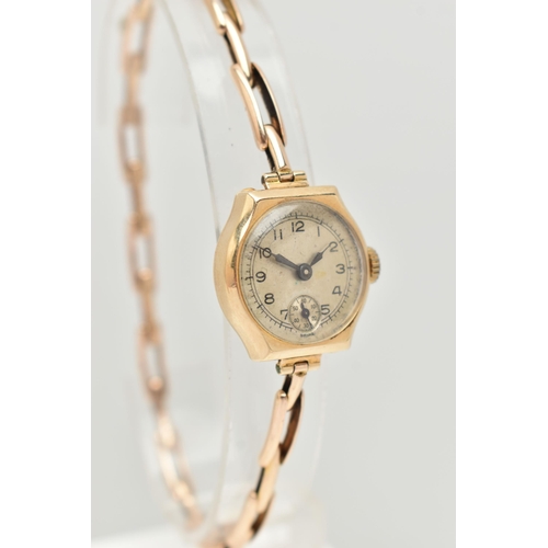 87 - A 1920S LADIES 9CT GOLD WRISTWATCH, manual wind, round silvered dial, Arabic numerals, blue steel ha... 