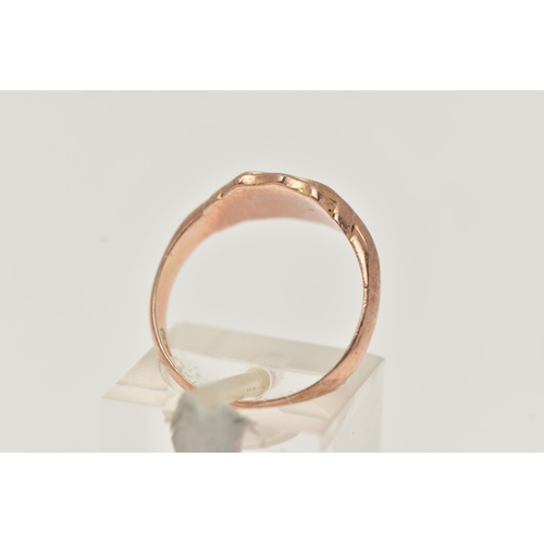 97 - A 9CT ROSE GOLD SIGNET RING, engraved shield signet, leading onto a polished band, hallmarked 9ct Bi... 