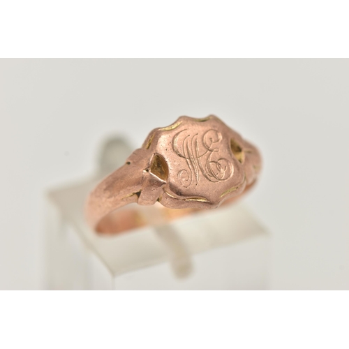 97 - A 9CT ROSE GOLD SIGNET RING, engraved shield signet, leading onto a polished band, hallmarked 9ct Bi... 