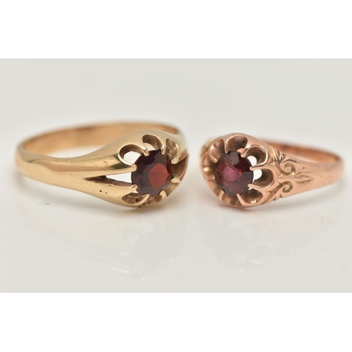 99 - TWO GARNET SET RINGS, the first a gents 9ct gold, garnet gypsy set ring, hallmarked 9ct Birmingham, ... 