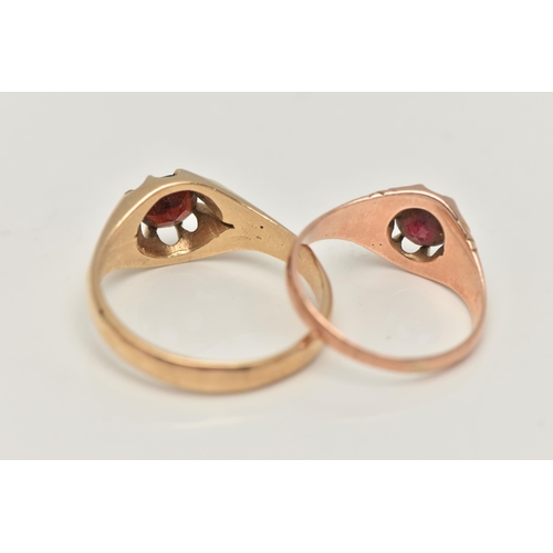 99 - TWO GARNET SET RINGS, the first a gents 9ct gold, garnet gypsy set ring, hallmarked 9ct Birmingham, ... 