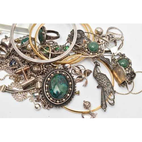 152 - A SMALL BAG OF ASSORTED JEWELLERY, to include three rolled gold bangles, a silver bangle, hallmarked... 