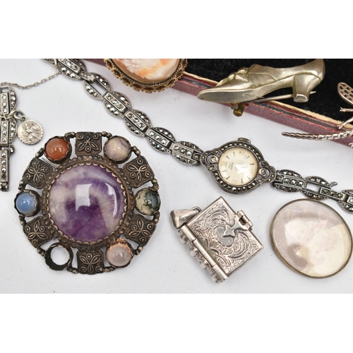 157 - SEVEN ITEMS OF JEWELLERY, to include a ladies white metal and marcasite manual wind wristwatch, dial... 