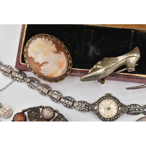 157 - SEVEN ITEMS OF JEWELLERY, to include a ladies white metal and marcasite manual wind wristwatch, dial... 