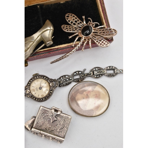 157 - SEVEN ITEMS OF JEWELLERY, to include a ladies white metal and marcasite manual wind wristwatch, dial... 