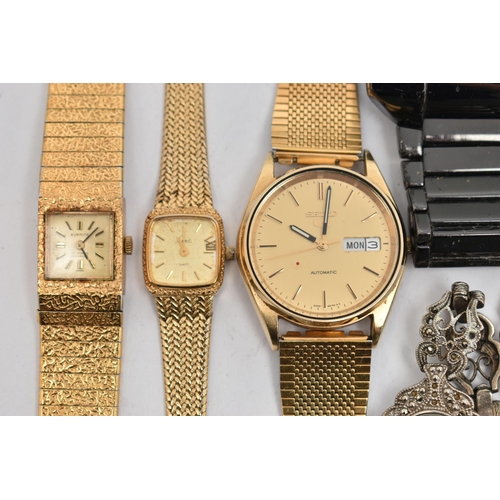 159 - SEVEN WRISTWATCHES, to include a gents 'Seiko 5' automatic, round gold dial signed 'Seiko 5, Automat... 