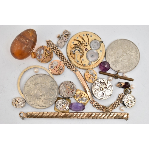 161 - A SMALL QUANTITY OF ITEMS, to include two commemorative coins, ladies and gents watch movements name... 