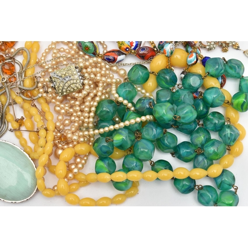 164 - A BAG OF ASSORTED COSTUME JEWELLERY, to include a glass millefiori bead necklace, graduated oval yel... 