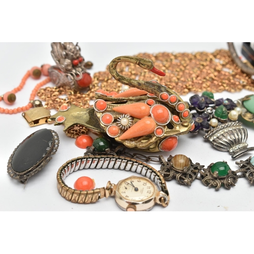 165 - A BAG OF ASSORTED JEWELLERY, to include a boxed white metal oriental dragon head ring, set with cora... 