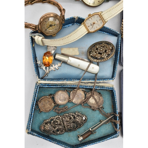 166 - A BAG OF ASSORTED ITEMS, to include a gold plated, carved conch shell cameo brooch, a gents 'Helveti... 