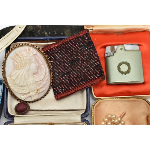 166 - A BAG OF ASSORTED ITEMS, to include a gold plated, carved conch shell cameo brooch, a gents 'Helveti... 