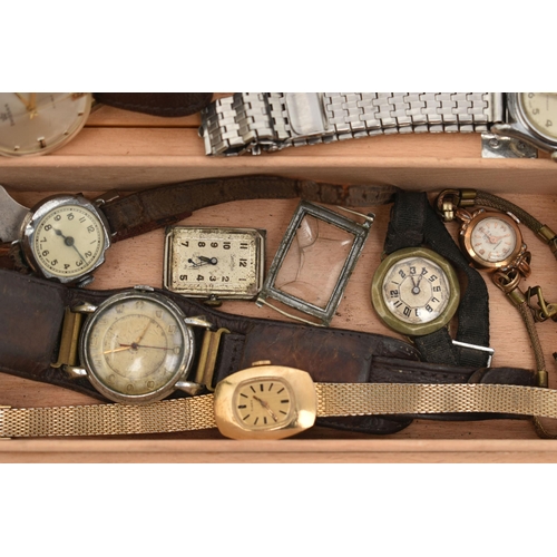 167 - A SMALL WOODEN BOX WITH ASSORTED WRISTWATCHES, to include a gents worn 'Invicta' manual wind base me... 