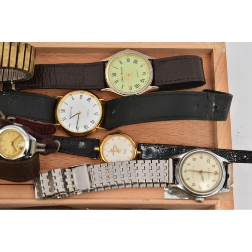 167 - A SMALL WOODEN BOX WITH ASSORTED WRISTWATCHES, to include a gents worn 'Invicta' manual wind base me... 