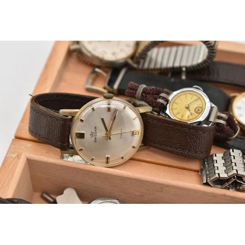 167 - A SMALL WOODEN BOX WITH ASSORTED WRISTWATCHES, to include a gents worn 'Invicta' manual wind base me... 