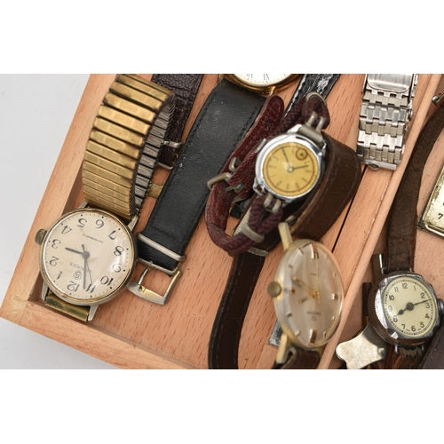 167 - A SMALL WOODEN BOX WITH ASSORTED WRISTWATCHES, to include a gents worn 'Invicta' manual wind base me... 