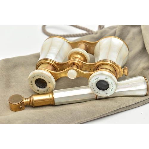 169 - A PAIR OF BRASS AND MOTHER OF PEARL OPERA GLASSES, signed to the lens frames 'Lemaire Fabi Paris' wi... 