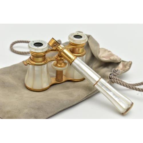 169 - A PAIR OF BRASS AND MOTHER OF PEARL OPERA GLASSES, signed to the lens frames 'Lemaire Fabi Paris' wi... 