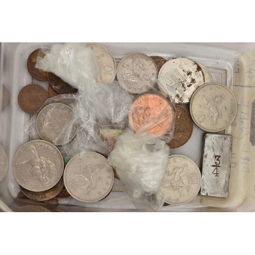 171 - A BOX OF ASSORTED COINS, to include a small selection of silver coins, approximate gross weight 21.9... 