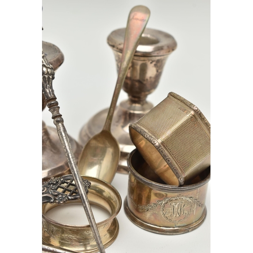 175 - ASSORTED SILVER ITEMS, to include a pair of silver dwarf candle sticks, on round weighted bases, hal... 