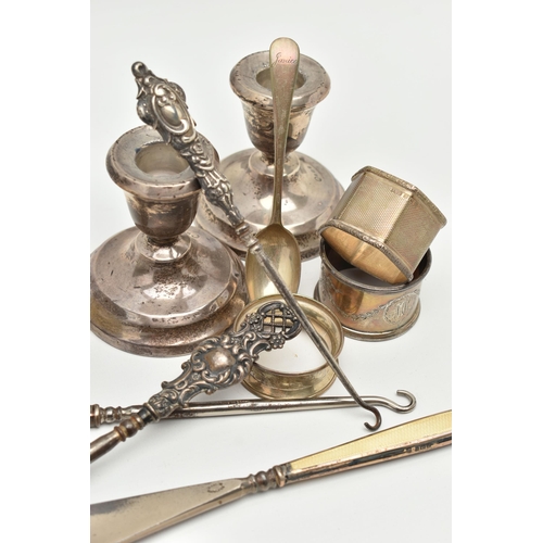 175 - ASSORTED SILVER ITEMS, to include a pair of silver dwarf candle sticks, on round weighted bases, hal... 