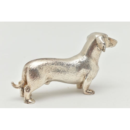 177 - AN ELIZABETH II SILVER DACHSHUND FIGURE, realistically textured, maker Albert Edward Jones, Birmingh... 