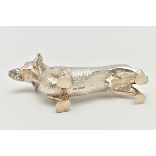 177 - AN ELIZABETH II SILVER DACHSHUND FIGURE, realistically textured, maker Albert Edward Jones, Birmingh... 