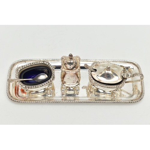 187 - AN ELIZABETH II SILVER THREE PIECE CRUET SET ON TRAY, comprising a rectangular tray, pepperette, mus... 