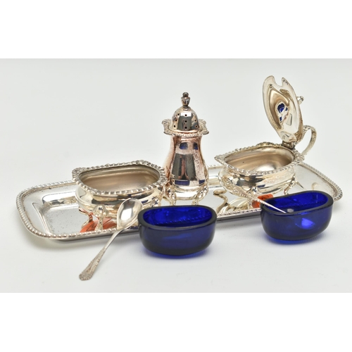 187 - AN ELIZABETH II SILVER THREE PIECE CRUET SET ON TRAY, comprising a rectangular tray, pepperette, mus... 