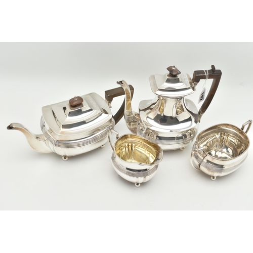 192 - A GEORGE V SILVER FOUR PIECE TEA SERVICE OF SHAPED RECTANGULAR FORM, reeded horizonal band detail an... 