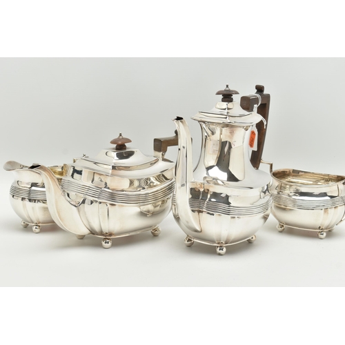 192 - A GEORGE V SILVER FOUR PIECE TEA SERVICE OF SHAPED RECTANGULAR FORM, reeded horizonal band detail an... 