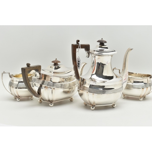 192 - A GEORGE V SILVER FOUR PIECE TEA SERVICE OF SHAPED RECTANGULAR FORM, reeded horizonal band detail an... 