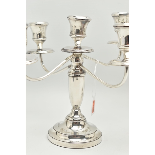 195 - A PAIR OF ELIZABETH II SILVER FIVE LIGHT CANDELABRAS, baluster stems, stepped circular loaded base, ... 