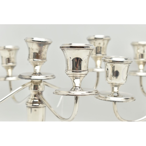 195 - A PAIR OF ELIZABETH II SILVER FIVE LIGHT CANDELABRAS, baluster stems, stepped circular loaded base, ... 