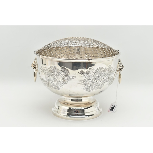 198 - AN ELIZABETH II SILVER ROSE BOWL, fitted with removable wire grille, two lion mask handles, the side... 