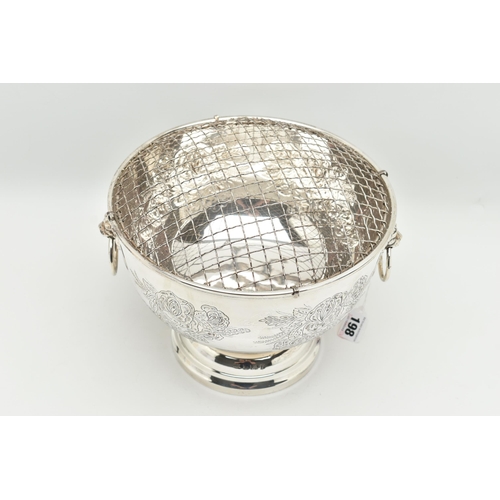 198 - AN ELIZABETH II SILVER ROSE BOWL, fitted with removable wire grille, two lion mask handles, the side... 