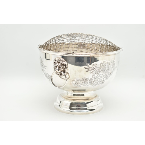 198 - AN ELIZABETH II SILVER ROSE BOWL, fitted with removable wire grille, two lion mask handles, the side... 