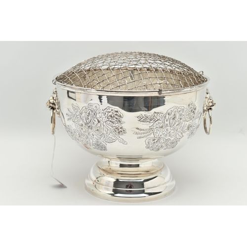 198 - AN ELIZABETH II SILVER ROSE BOWL, fitted with removable wire grille, two lion mask handles, the side... 