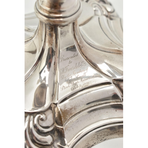 199 - A GEORGE V SILVER FIVE LIGHT CANDELABRUM IN GEORGE II STYLE, with removable shaped square drip pans,... 