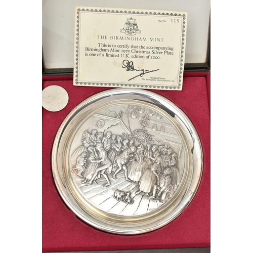 200 - THREE ELIZABETH II SILVER BIRMINGHAM MINT LIMITED EDITION CHRISTMAS PLATES, 1975-1977, repoussé deco... 