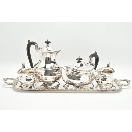 201 - A FOUR PIECE SILVER PLATED TEA SET WITH TRAY, comprising of a polished teapot, coffee pot, sugar bow... 