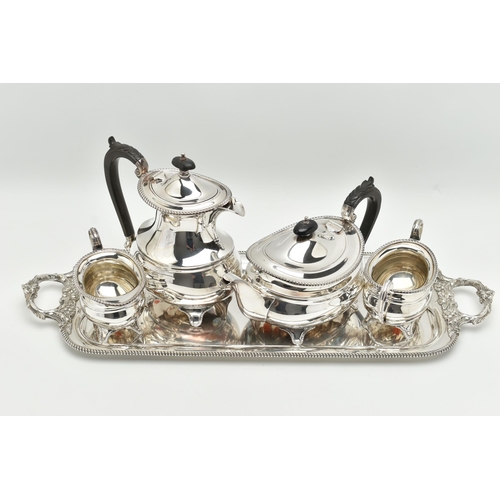 201 - A FOUR PIECE SILVER PLATED TEA SET WITH TRAY, comprising of a polished teapot, coffee pot, sugar bow... 